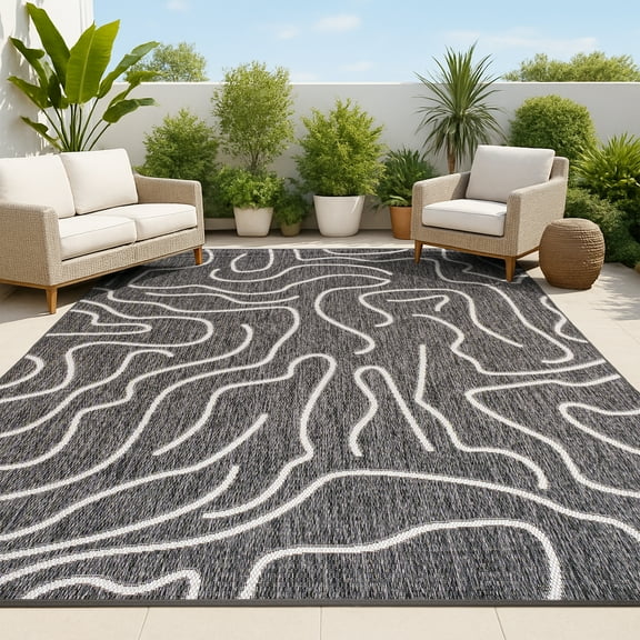 JONATHAN Y TUSCAN SUN 5 x 8 Area Rug, Nolan Coastal Organic Shapes - Black/Cream, TSN307B-5