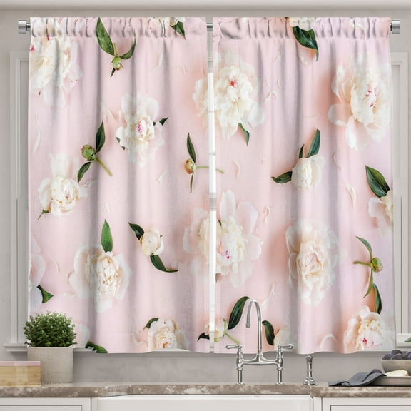 Ambesonne Peony Kitchen Curtains, Scattered Flowers Top Print, 55"x30", Army Green Blush Pink