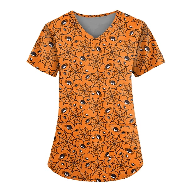 Top de bolsillo estampado de Halloween con cuello en V y manga corta informal a la moda para mujer amarillo/L
