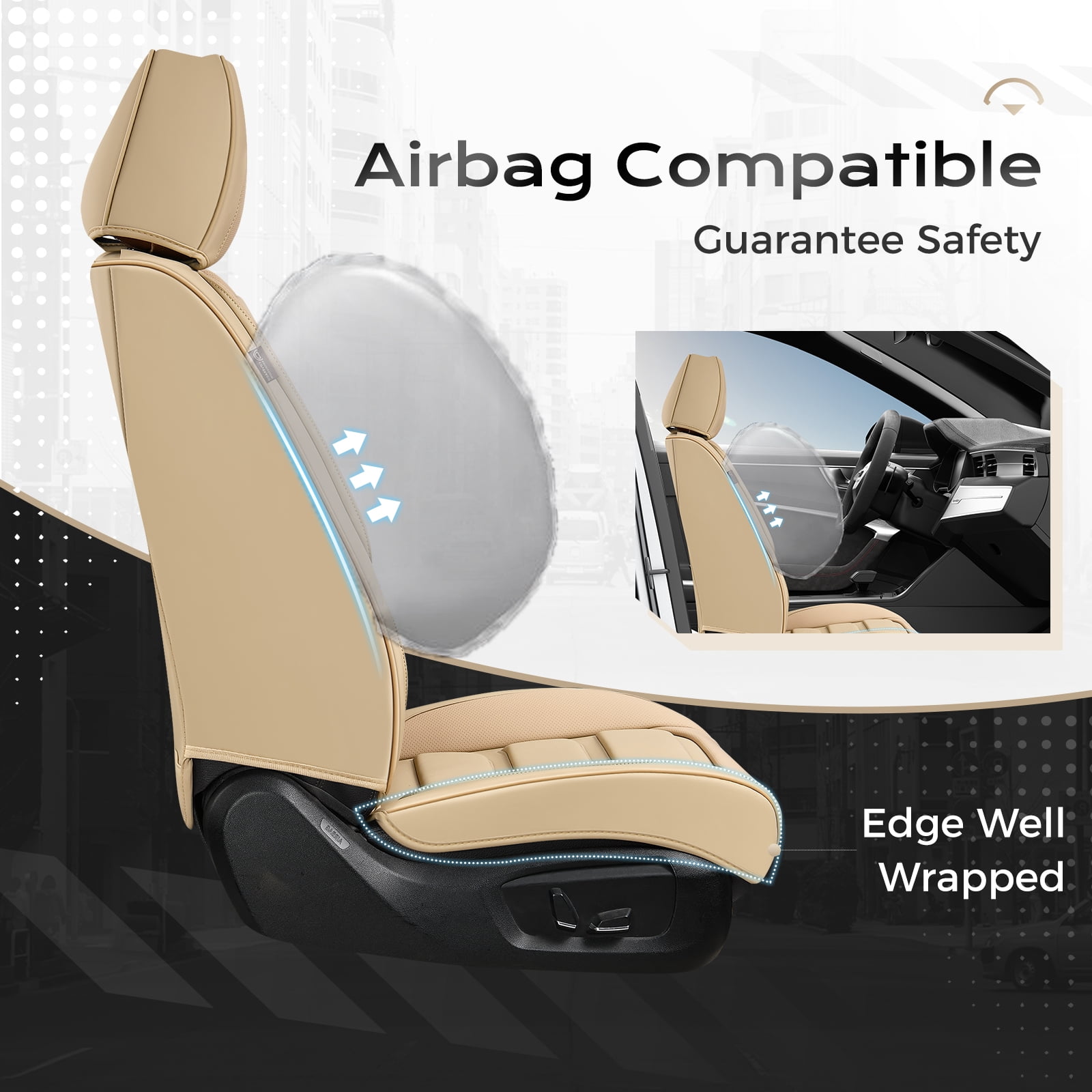 Coverado Full Set Covers For Cars, Waterproof Faux Leather Front and Rear Seat Protectors, Auto Cushions Universal Fit for Most Cars, Beige