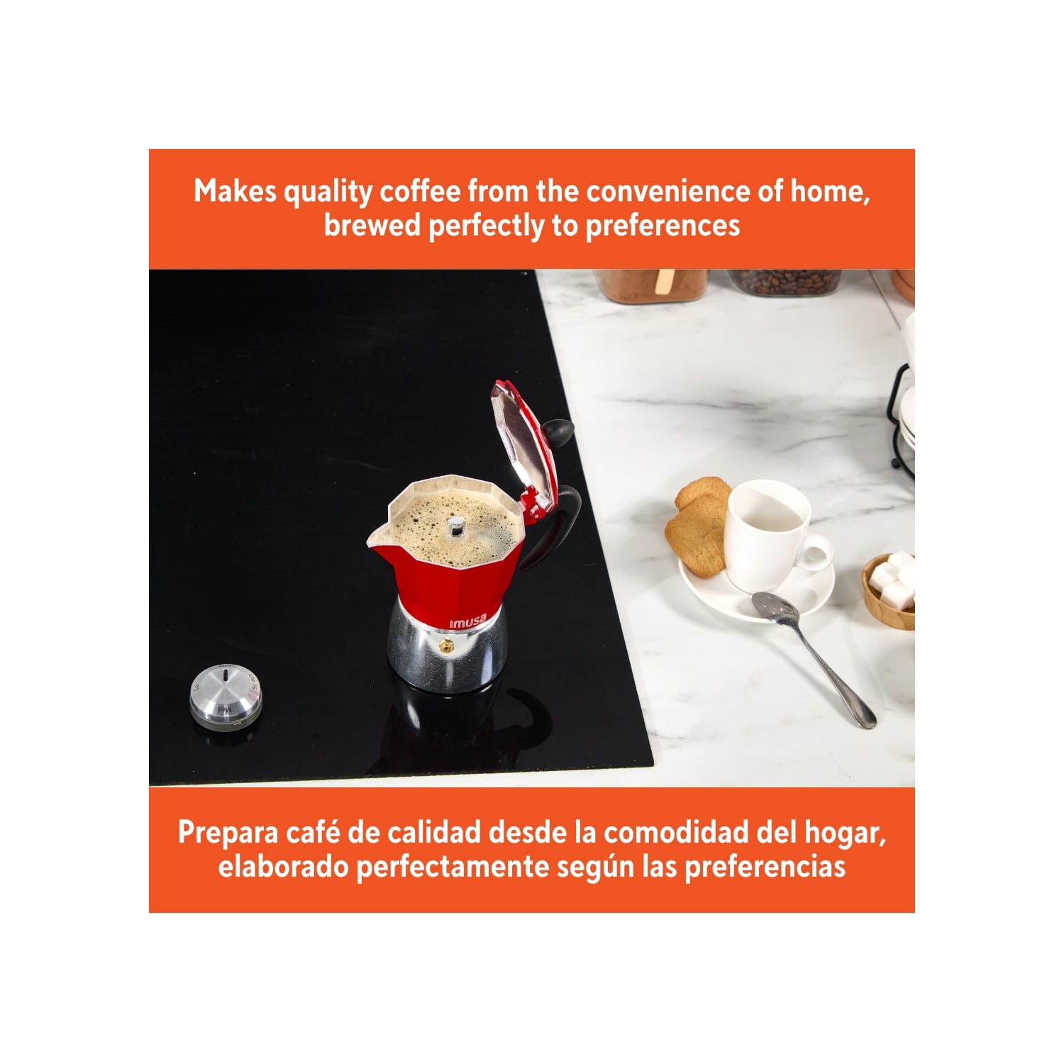 Im Usa 3-Cup Cast Aluminum Stovetop Coffeemaker with Red Top and