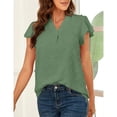 thumbnail image 2 of Jacquard manga corta blusa V cuello ruffle manga casual blusa camisa para mujer dama verde XL, 2 of 6