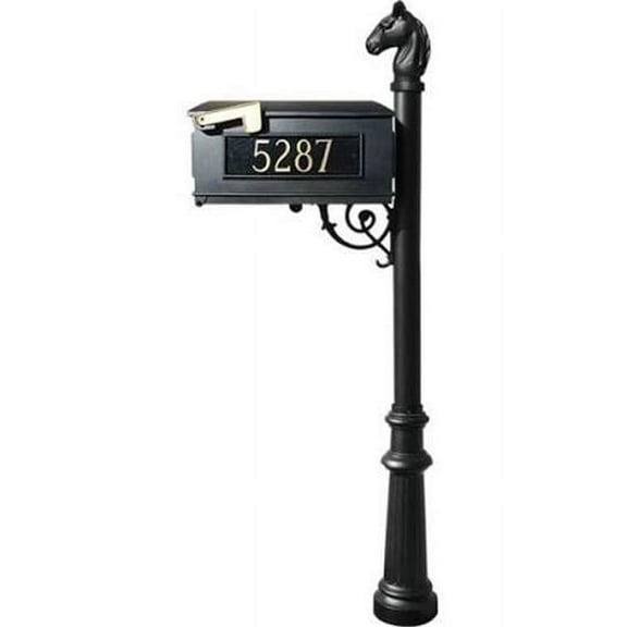 Lewiston Equine Mailbox post system with fluted base, horsehead finial and 3 cast aluminum personalized address plates , Black