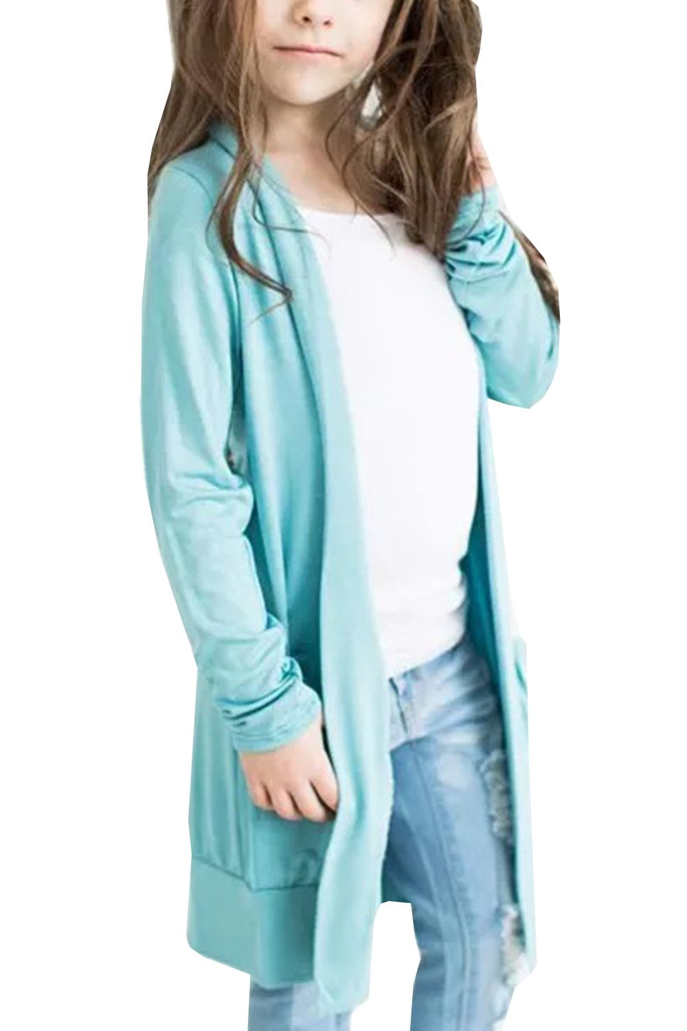 Loxdonz Kids Girls Boyfriend Cardigan Open Front Casual Long Sleeve Fashion Top with Pockets Age 5-13 Years 
