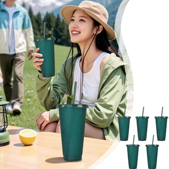 Tuvgenk 24 Oz Coffee Tumbler with Straw Plastic 5 Pack Straw Cup Reusable Portable Army Green for Home Outdoor Picnic Parties