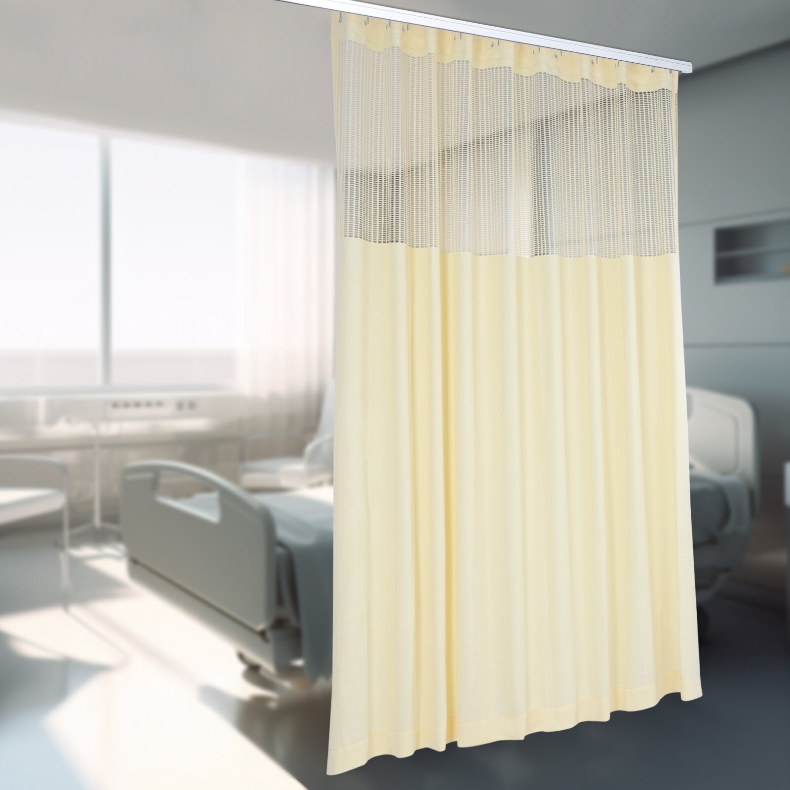 Semi-shading Room Divider Curtain Privacy Cubicle Curtain Beige Polyester Room Divider Curtain with Mesh Top