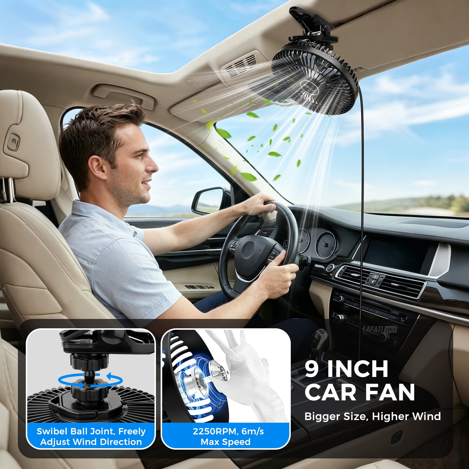 9" Portable Car Fan, Lafati 12V Electric Vehicle Fan with Stepless Speed Control and  Cigarette Lighter Plug, 3-in-1 Back seat & Clip, 360° Rotation Quiet Cooling for Car SUV RV Vehicles