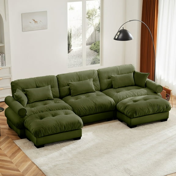 U Shape Modular Sectional Sofa with 3 Seat Corner Design, Movable Ottomans, Bolstered Armrests & Waist Support, Convertible L Shaped Couch in Olive Green