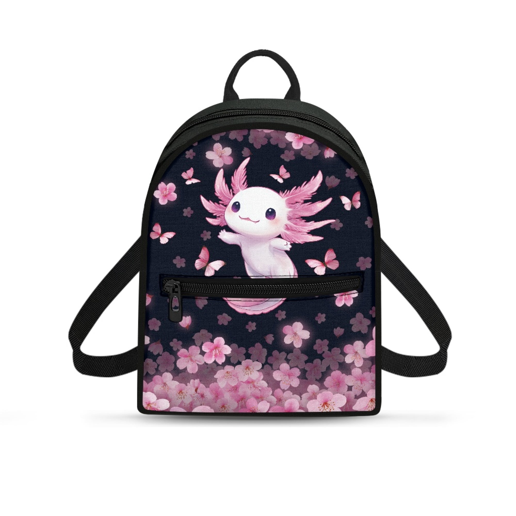 HELLHERO Axolotl with Cherry Blossom Pattern Ladies Backpack Purse Lightweight Small Daypack for Travel Gym Polyester Front Pocket Mini Backpack