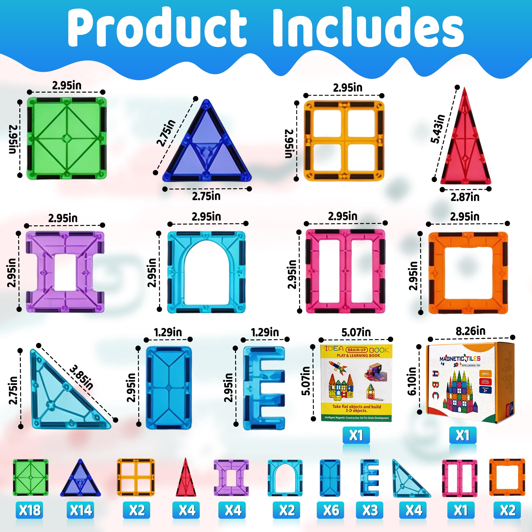60PCS Magnetic Tiles Building Set, Magnetic Blocks for Kids, Educational Construction Toys, Sensory Magnet Toys Magnetic Tiles Set for Kids Boys Girls