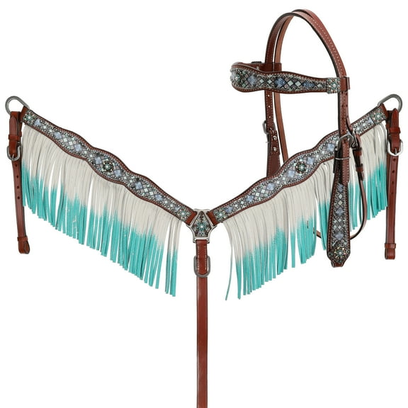 Showman Headstall & Breast Collar Set w/ Blue Diamond Print & Blue Ombre Fringe