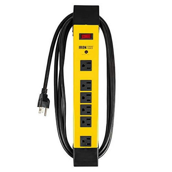 Iron Forge Cable 6 Outlet Heavy Duty Surge Protector Power Strip with Built-in Circuit Breaker, 14/3 SJT Black & Yellow with 9 ft Extension Cord