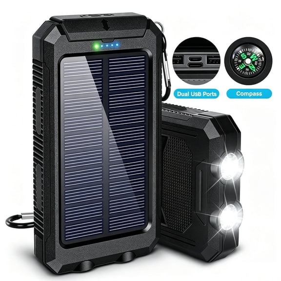 Hotpom 10000mAh Solar Power Bank, Portable Charger with LED Digital Display and Laser Light, Outdoor External Battery Pack for iPhone & Samsung, Black
