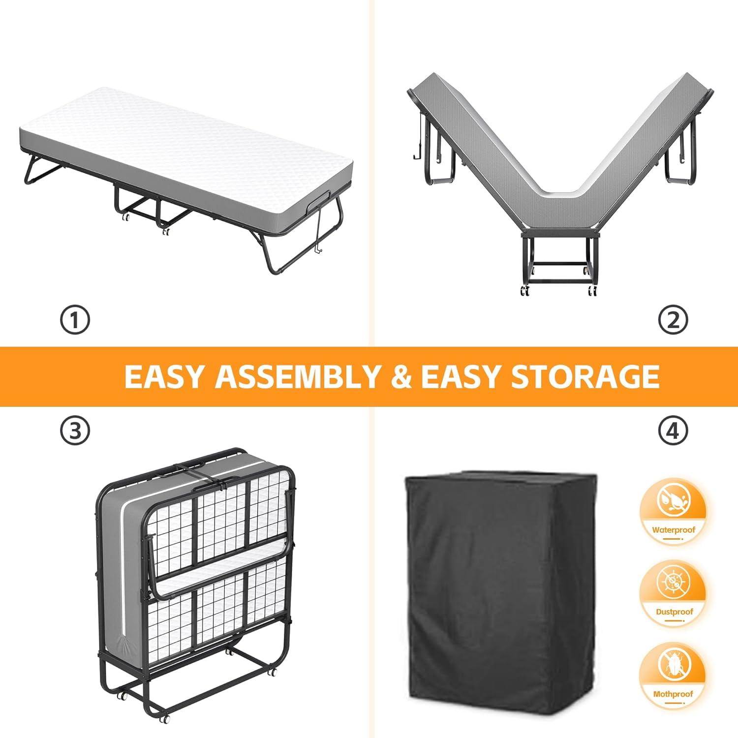 SUNCROWN Folding Bed with Mattress, 75" x 31"Portable Foldable with 5" Thick Foam Frame Roll Away Beds, Single Cot Folded Bed for AdultsStudents, Small Apartment, Camping