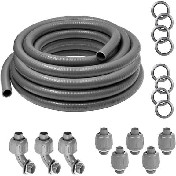 1/2" 25 Ft Liquid-Tight Conduit UL Certification - Flexible Non-Metallic Liquid Tight Electrical Flexible Conduit with 5 Straight and 3 90-Degree Connector Fittings