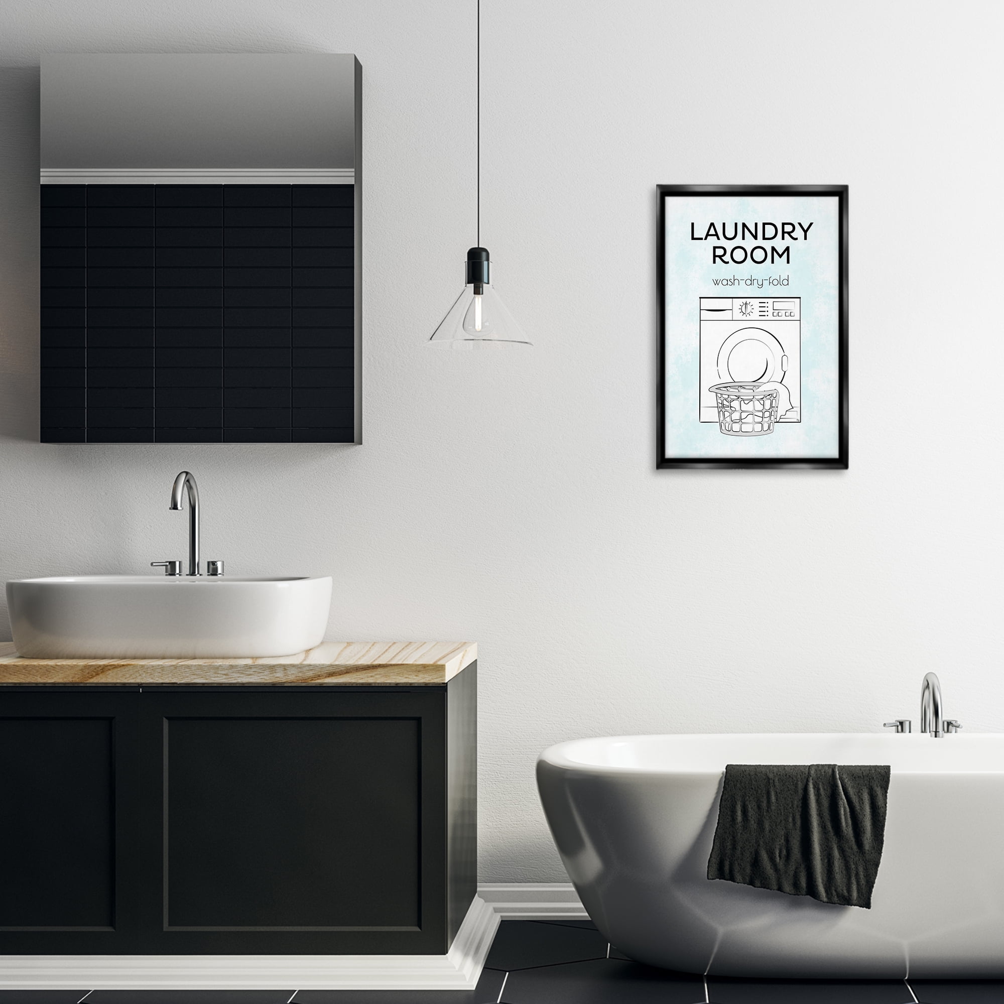 Stupell Industries Minimal Laundry Wash Dry Fold Bath & Laundry Painting Black Floater Framed Canvas Art Print Wall Art, 17 x 25