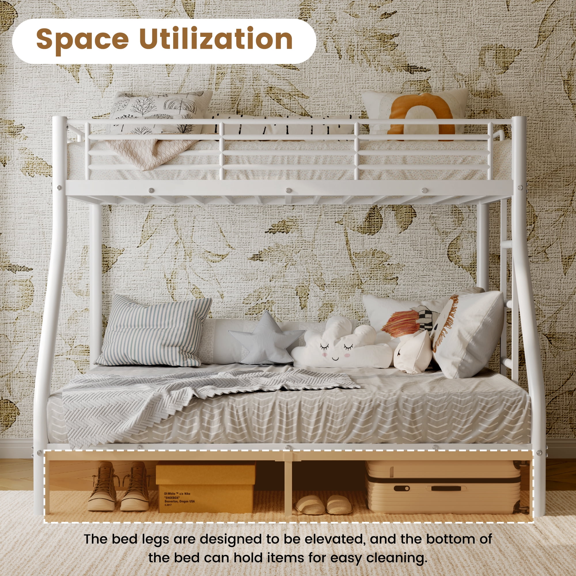 White Twin Over Full Metal Bunk Bed Frame with Safety Guardrail & Ladder, Sturdy Steel Bed, Noise-Free, No Box Spring Needed for Bedroom Dorm