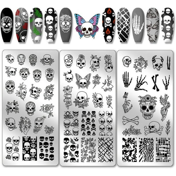 Juego de 3 sellos para uñas góticos con 58 diseños de flores de terror. Placas de acero inoxidable para estampar uñas y crear diseños artísticos.