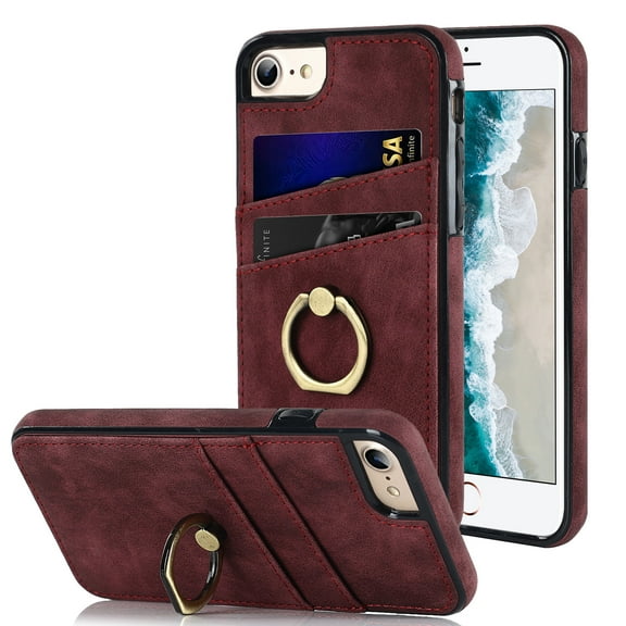 Dteck Wallet Case for iPhone 8 / iPhone 7 / iPhone SE 3rd Gen 2022 / iPhone SE 2nd Gen 2020, Slim PU Leather Card Holder Case with Ring Holder Stand, Winered