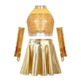 thumbnail image 3 of TTAO Kids Girls Disco Latin Hip Hop Jazz Dance Outfit Sequin Dance Crop Top Metallic Skater Skirt with Gloves Gold 12, 3 of 7