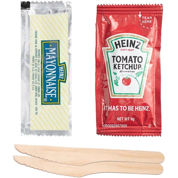 Heinz Ketchup & Mayonnaise Packets (50 Total) - Ensemble Sachets de Ketchup & Mayo Heinz + 2 Wood Knives and an Exclusive Sticker by PaLiSoL CREATiONS!