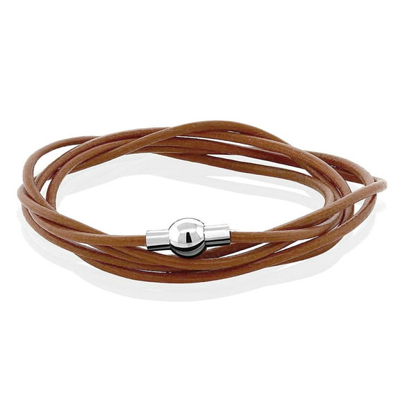 Gem Stone King Stainless Steel Buckle Brown Leather Wrap Bracelet for Women 24 inches