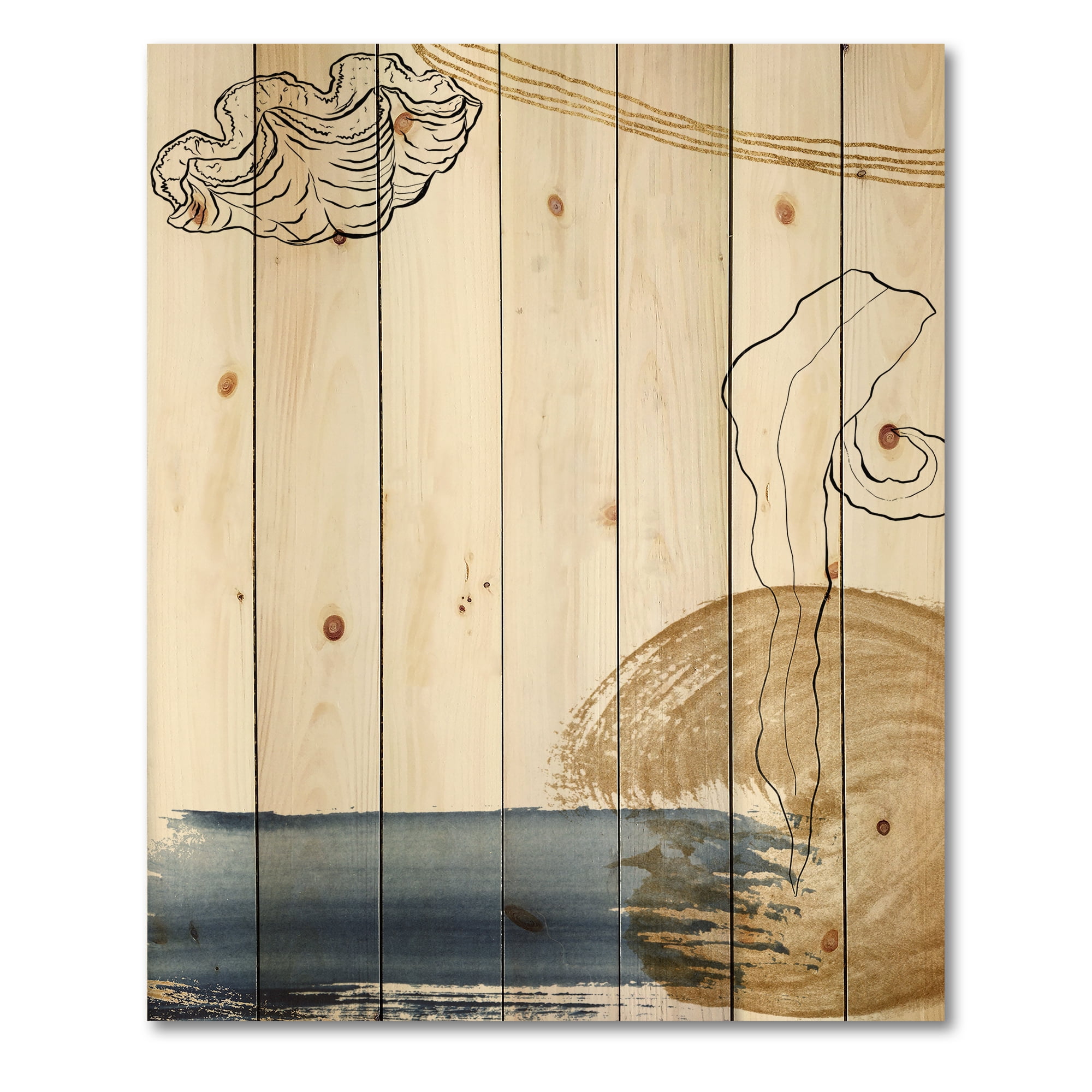 Designart 'Golden Marine Shell Classic Blue Abstract ' Farmhouse Print on Natural Pine Wood