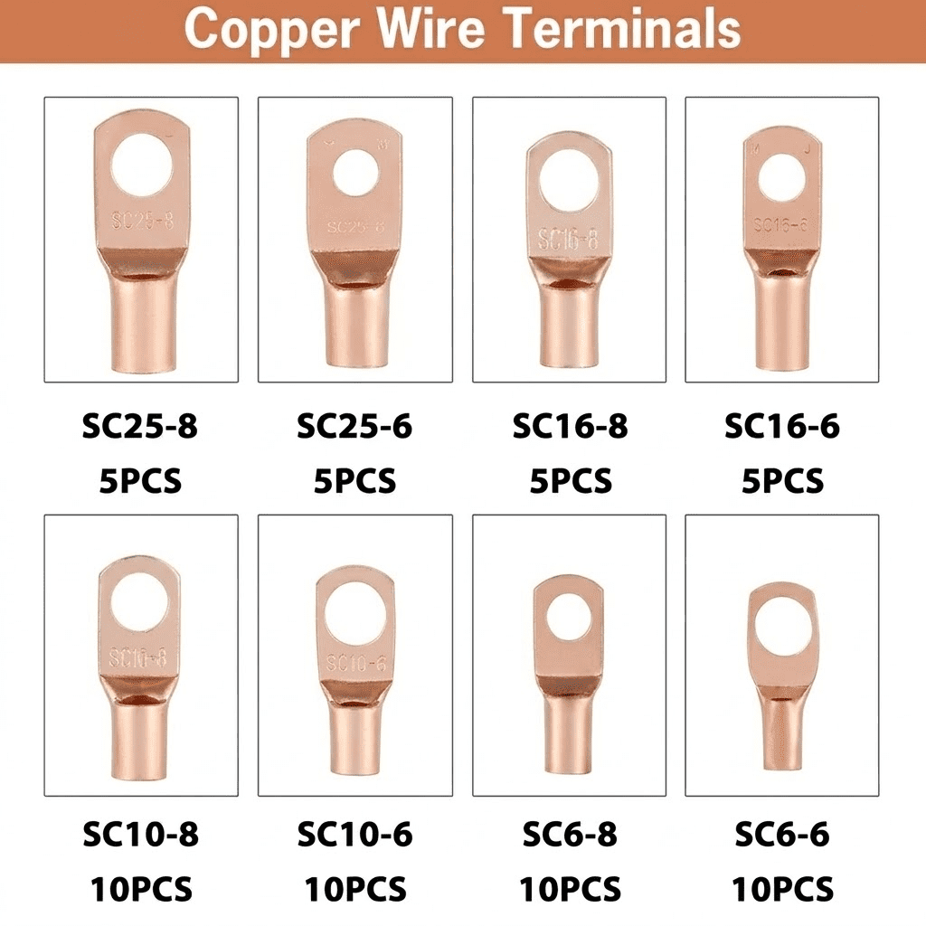 60-Piece SC Tinned Copper Lug Kit, Heavy Duty Ring Terminal Connectors for Bare Cable, 8 Sizes Assorted Electrical Crimp Terminals for Automotive, Marine, and Battery Wiring