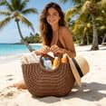 thumbnail image 6 of Handmade Straw Rattan Woven Semicircle Tote Bag, Summer Beach Handbag for Women, Portable Half-Moon Shape Shoulder Bag for Travel Vacation Daily Shopping, B, 6 of 7