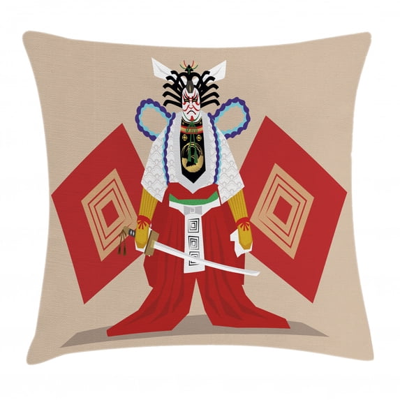 Kabuki Mask Decoration Throw Pillow Cushion Cover, Kabuki Performer on Stage Actor with Swords Eastern Style Details, Decorative Square Accent Pillow Case, 24 X 24 Inches, Multicolor, by Ambesonne