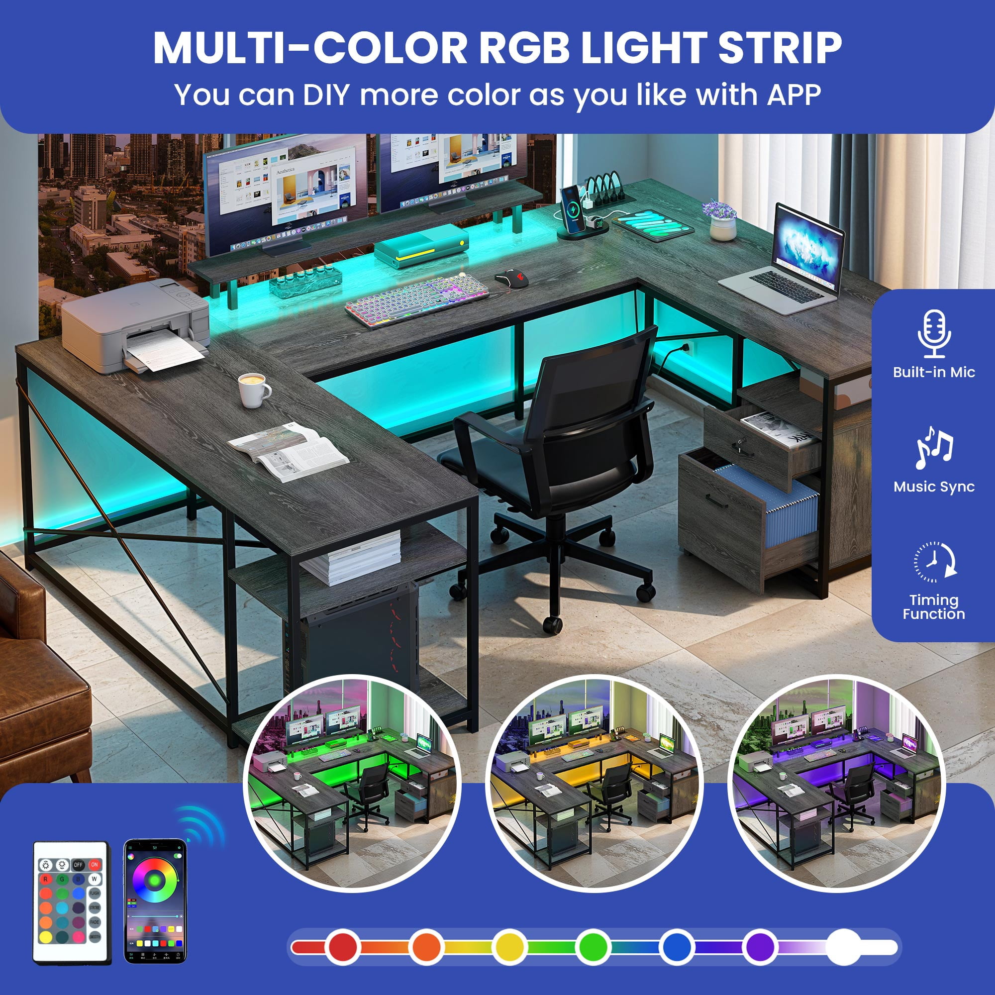 ModFusion Reversible U-Shaped Desk with Monitor Stand, Power Outlets & LED Lights, L-Shaped and Long Home Office Desk with Drawers - Gray
