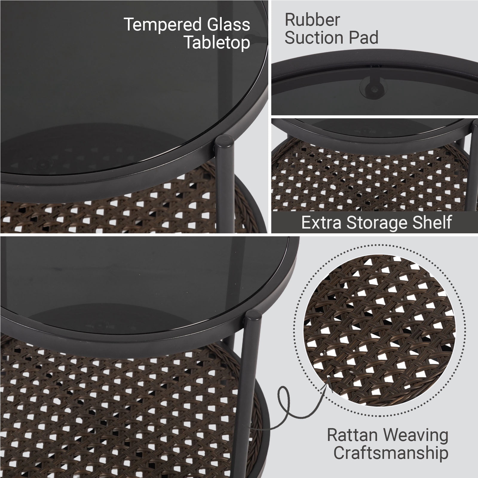 Kinbor Outdoor Wicker Side Table – Roud Patio End Table with Tempered Glass Top, Rubber Suction Pads & Storage Shelf, All-Weather Rattan Coffee Table for Balcony, Porch, Deck, Garden, Easy Assembly