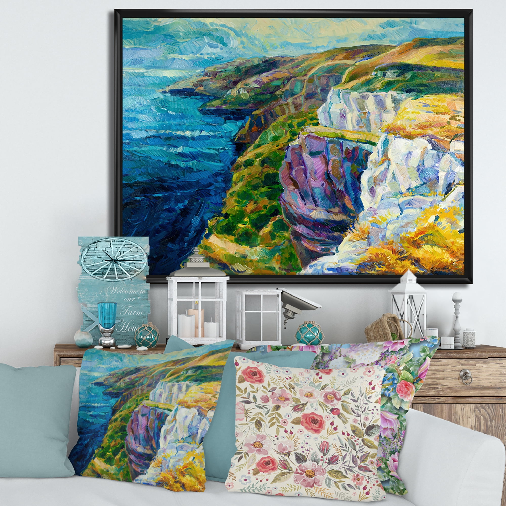 Designart 'The Blue Ocean By Rocky Cliffs II' Nautical & Coastal Framed Canvas Wall Art Print
