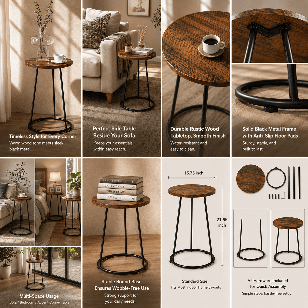 Manora Round End Table Small Side Table for Living Room Bedroom Corner Table Drink Table, Red Brown Oak Finish