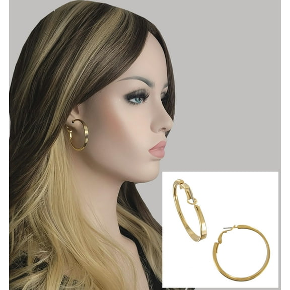 Pierced Earrings Shiny Gold Tone Hoop 1 3/8" Surgical Steel Post Ladies Adult Female Women