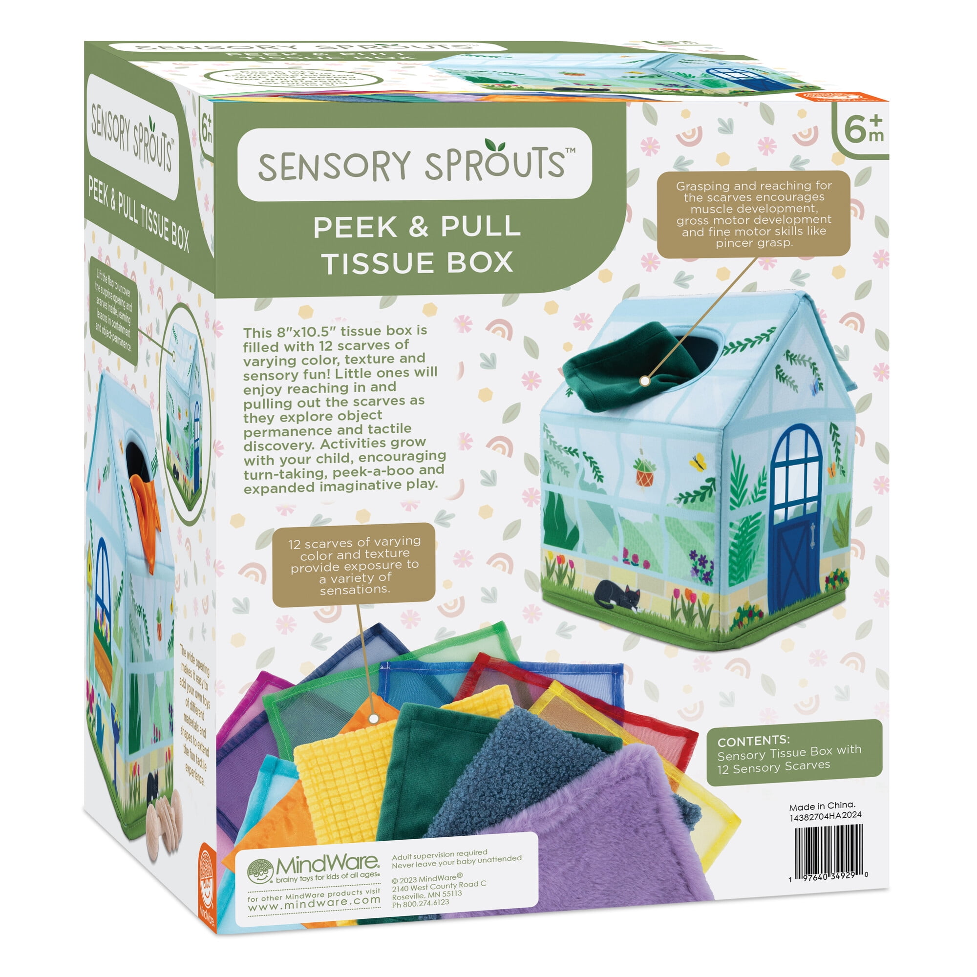 MindWare Sensory Sprouts Tissue Scarf Box, Montessori Toys for Babies 6-12 Months, Baby Tissue Box Toy, Soft Greenhouse-Shaped Tissue Box and 12 Sensory Scarves Featuring Different Textures