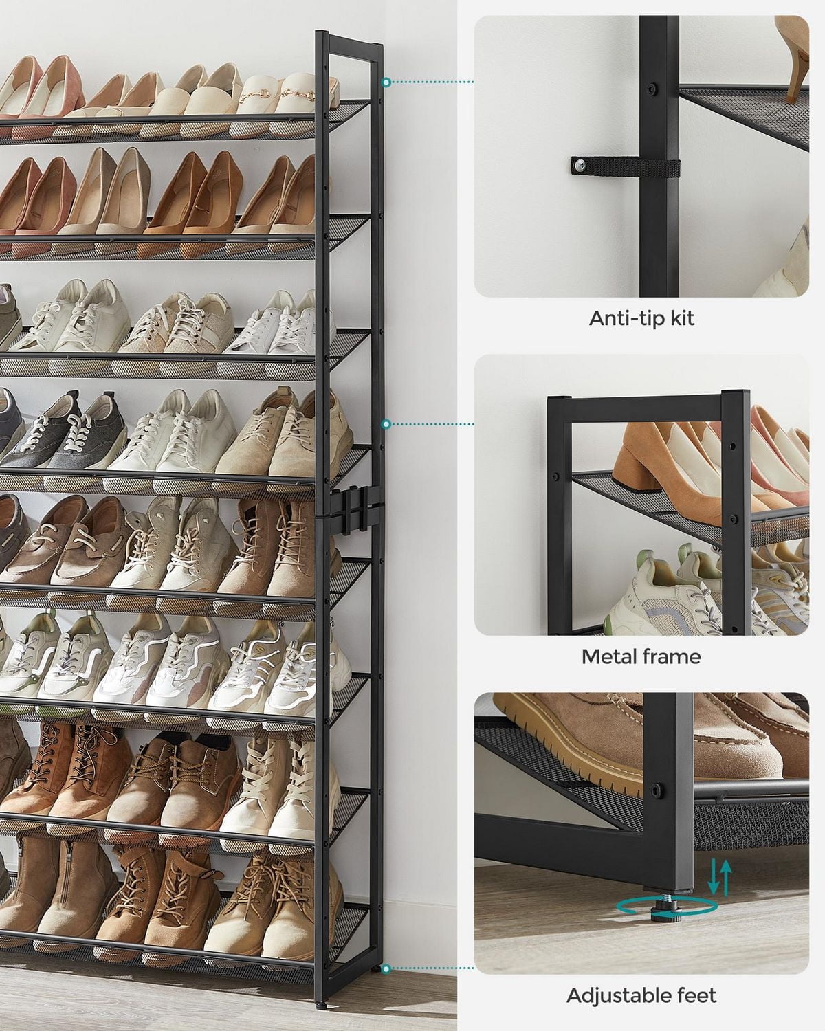Songmics Home - 8-Tier Metal Shoe Rack for Garage with Adjustable Flat or Angled Shelves, Black
