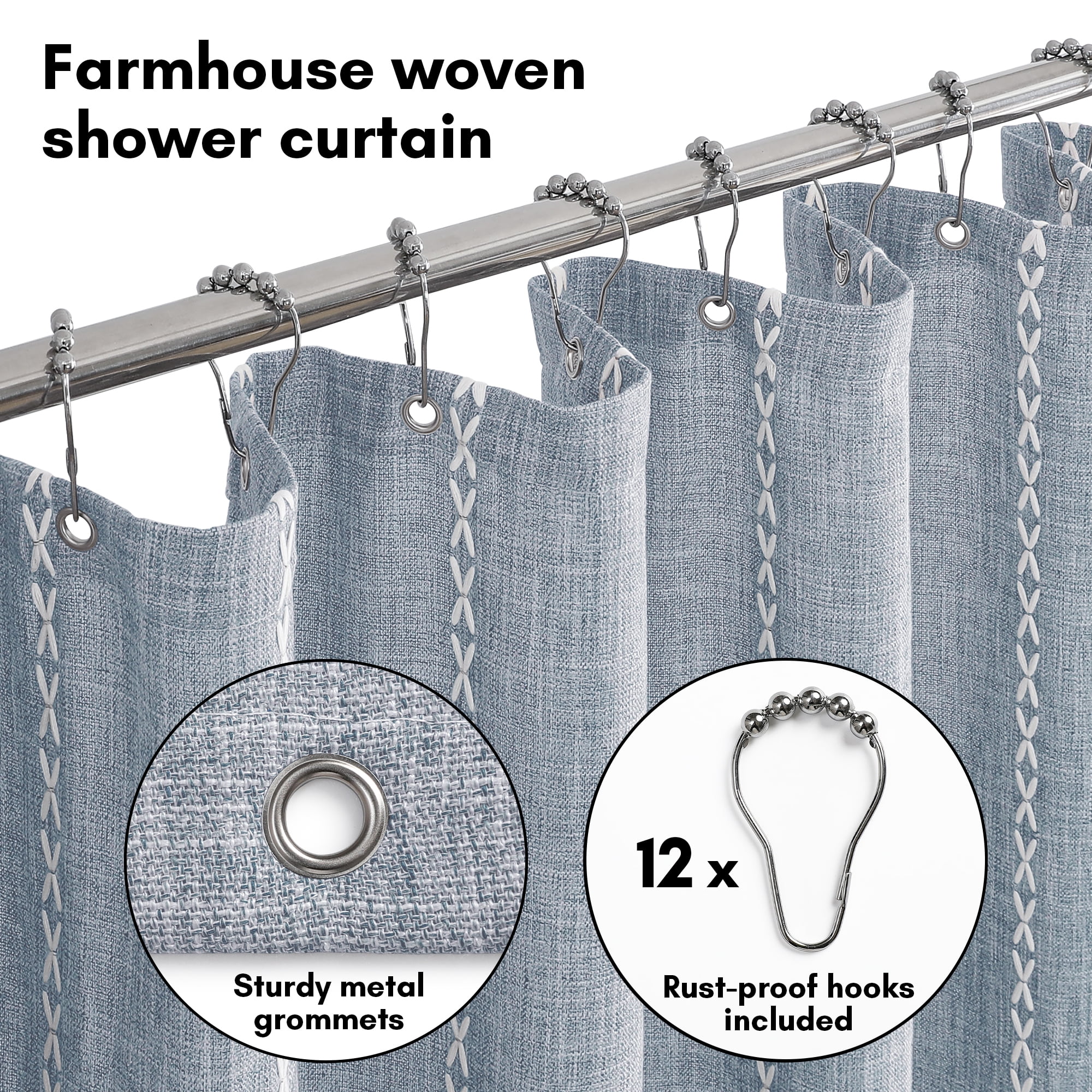 Americanflat 71x71 Woven Linen Blue Shower Curtain with Tassel Accents - Includes 12 Grommets and Hooks - 100% Polyester
