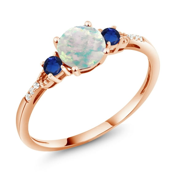 10K Rose Gold White Simulated Opal Blue Created Sapphire and White Diamond Accent 3-Stone Engagement Ring for Women (0.50 Cttw, Round Cabochon 6MM, Gemstone October Birthstone, Size 6.5)