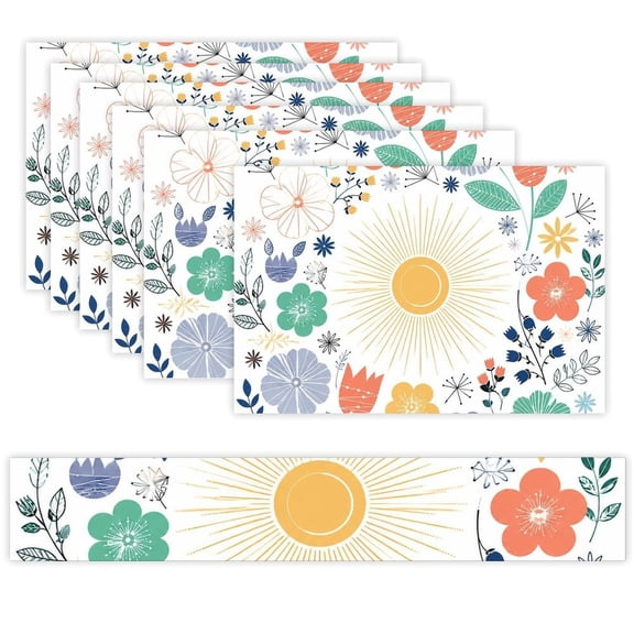 7 Piece Linen Table Runner and Placemats Set, Colorful Floral Sunburst Round Corner Heat Resistant Washable Table Mats for Home Kitchen Dining Party Decoration