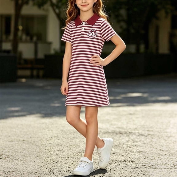 ITSAME Girls School Uniform Dress Striped Print Lapel Short Sleeve Kids Fashion Comfy Midi Dress Wine Size 5T