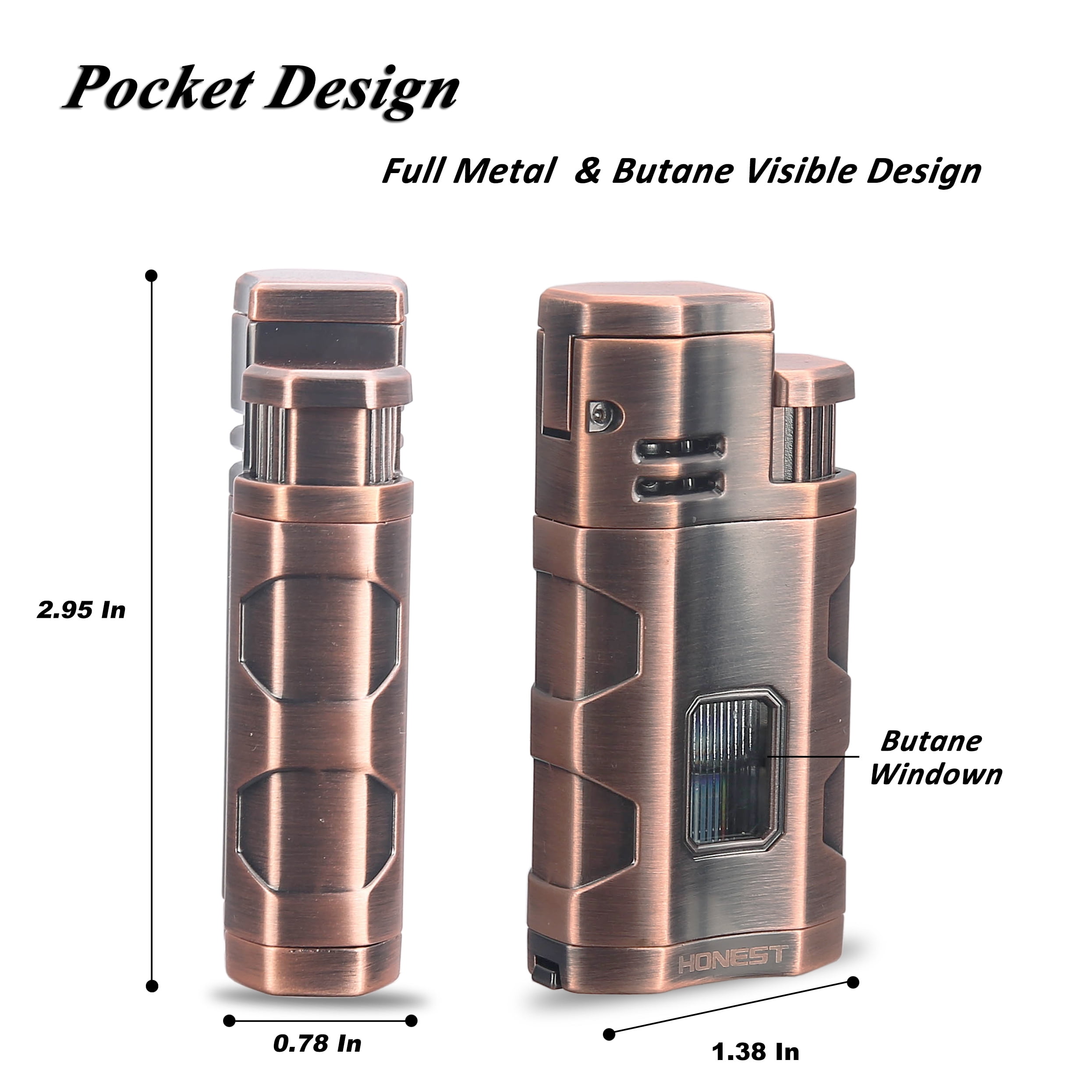 PROMISE Triple Jet Torch Lighter with Cigar Cutter Punch Cigar Rest Cigarette Lighter Visible Gas Tank Adjustable flame Gas not Included (Red Copper)
