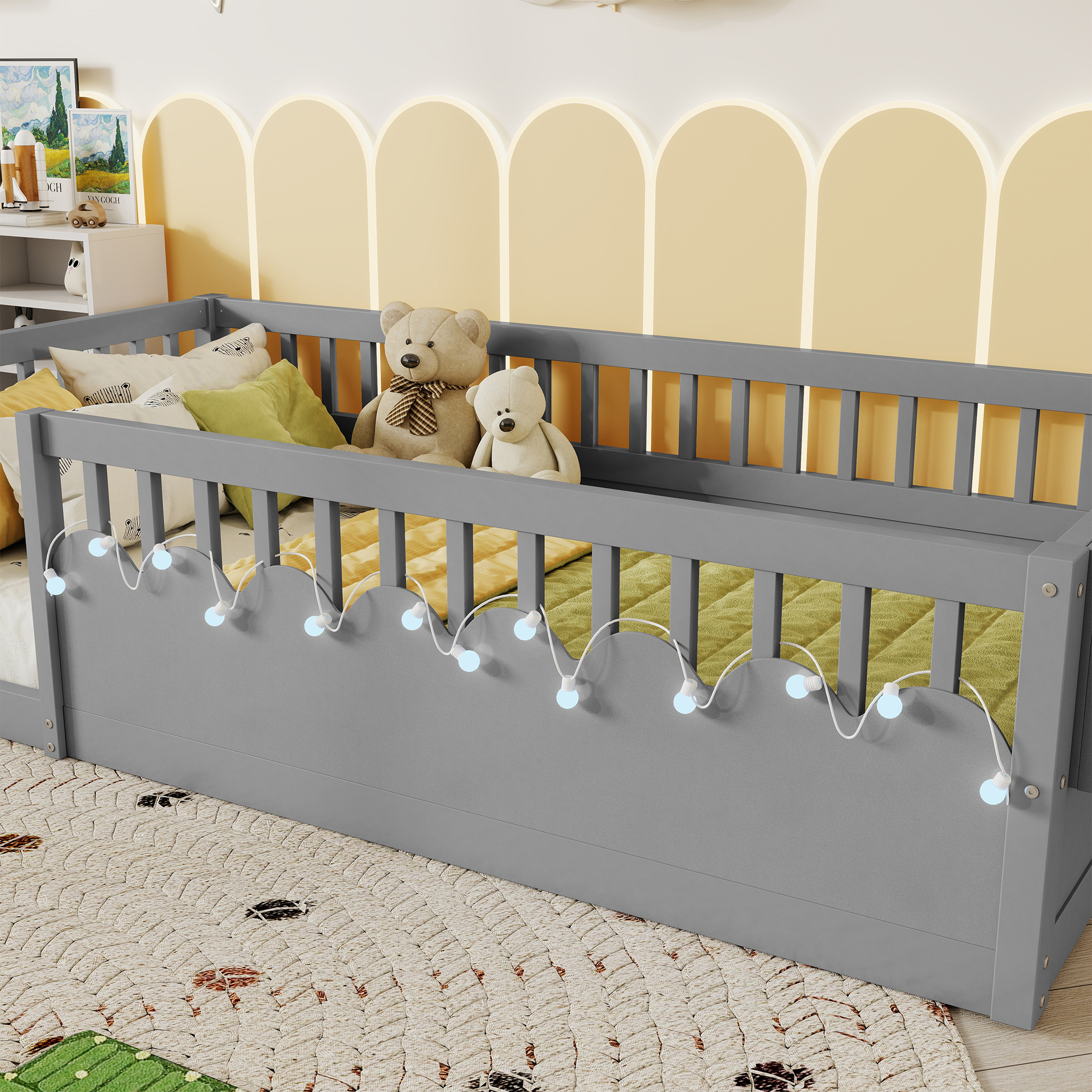 Euroco Wood Full Size Montessori Floor Bed with Guardrails and LED Light, Kids Bed with Storage Shelves, Gray