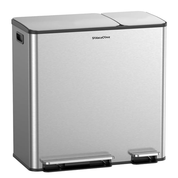 SolaceCove Dual Trash and Recycling Bins for Kitchen, 13 5 Gallon Stainless Steel Garbage and Recycle Bin Combo for Large Families, Dual Trash Can with Soft Close Lid, Removable Liner Buckets, Silver