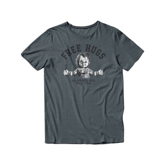 Chucky Child's Play Free Hugs Graphic Short Sleeve T-Shirt for Women (Dark Heather, S-XXL)