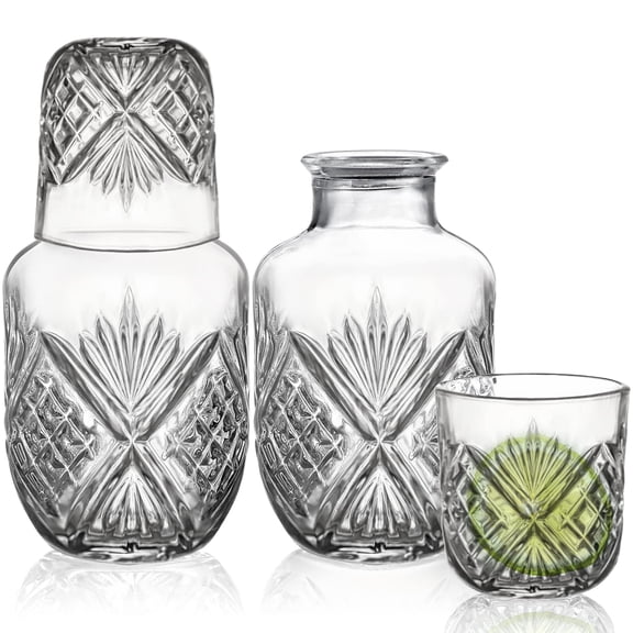 Bedside Water Carafe and Glass Set, 17 Oz Glass Pitcher with 5 Oz Tumbler Cup, Vintage Night Water Carafe for Bedroom