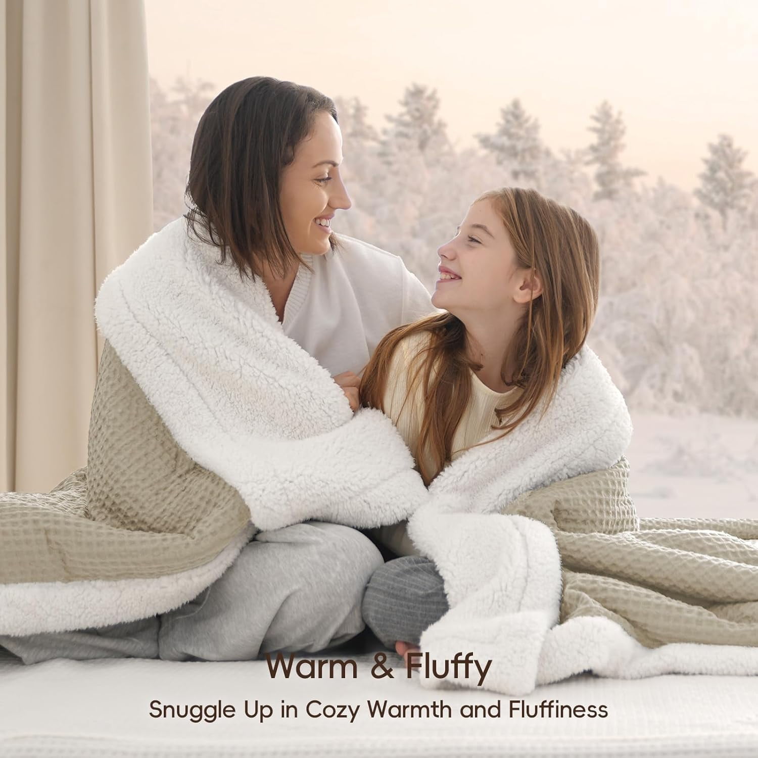 PHF Waffle Sherpa Bed Blanket Twin Size, Cozy Warm Reversible Plush Flannel Blanket for Winter, 60" x 80", Khaki