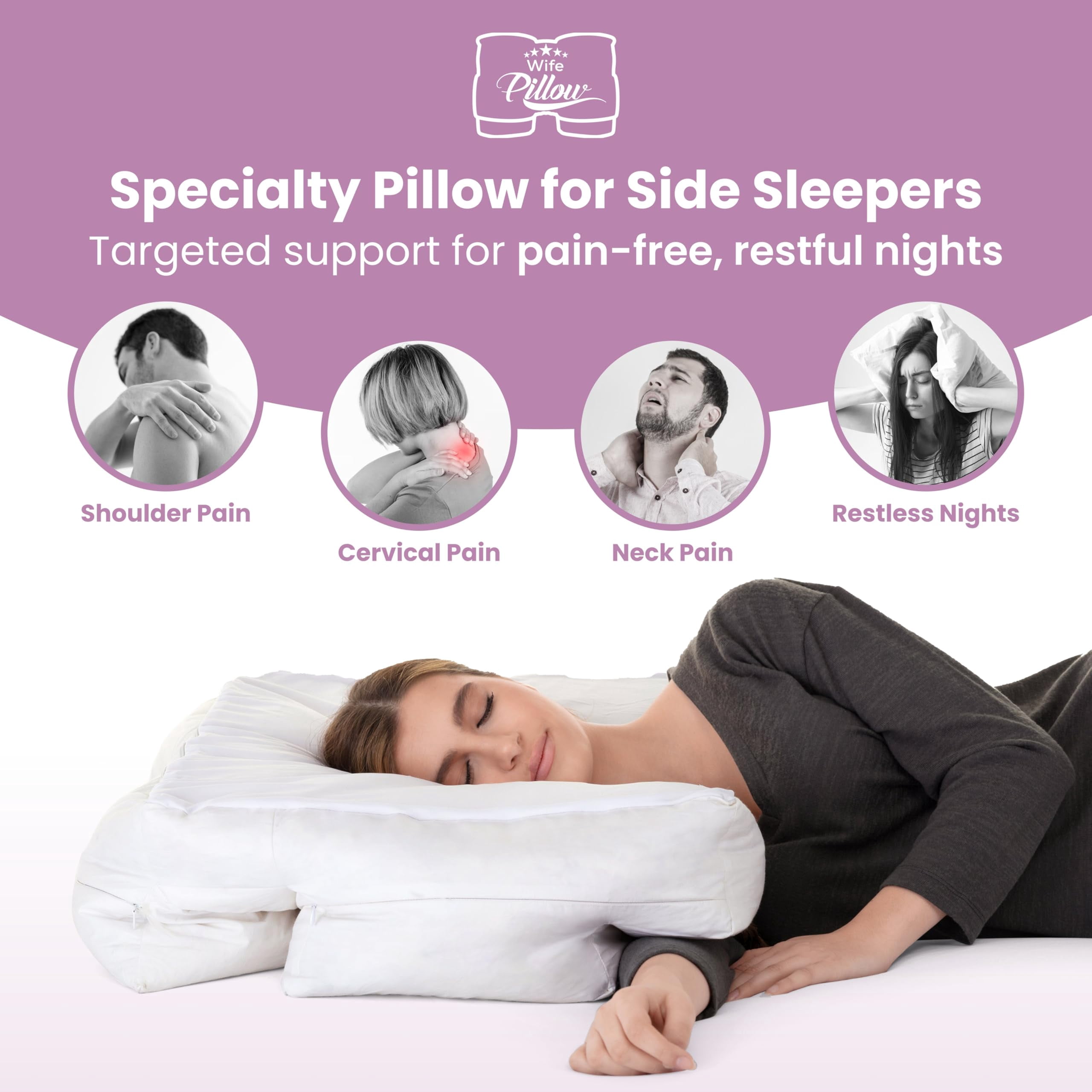 Adjustable Side Sleeper Pillow with Arm Tunnels for Shoulder Pain, Rotator Cuff Support, Arm & Shoulder Relief - Pressure-Free Sleep Pillow for Adults - Down Alternative Fiber Fill
