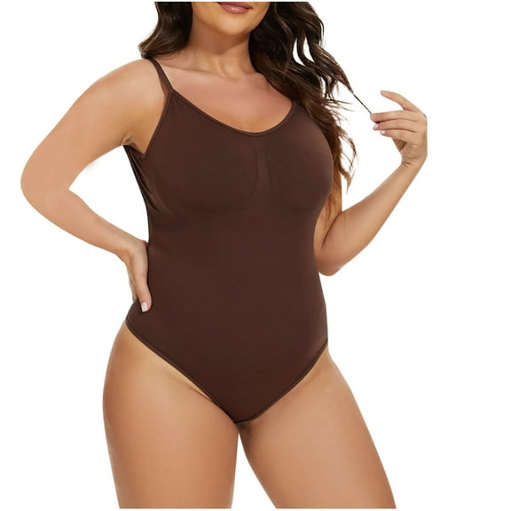 Viluyesy Womens Thong Shapewear, Tight Fit Backless Scoop Neck Everyday Seamless Sculpting Bodysuit Brown 2XL