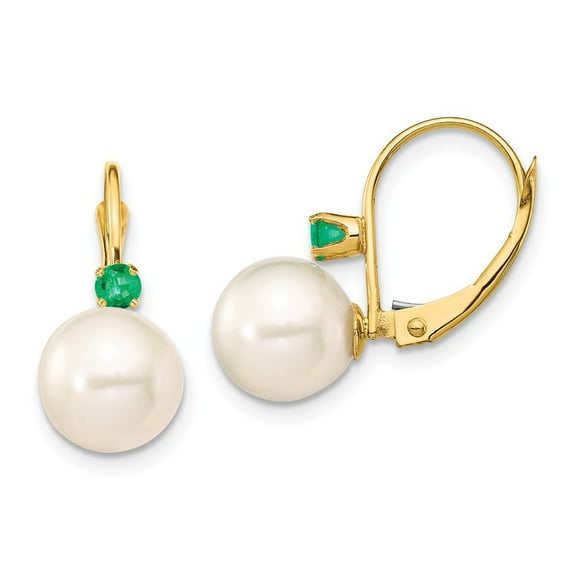 Auriga Fine Jewelry 14K Yellow Gold White Round FWC Pearl Emerald Drop Earrings for Women (L- 0.8 inch, W- 0.34 inch)